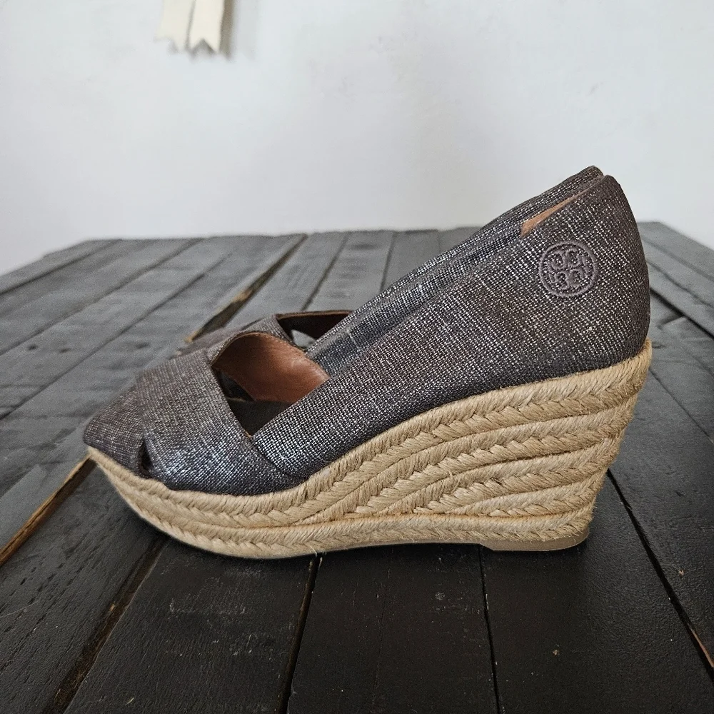 Tory Burch Shimmering Charcoal Grey Espadrille Wedges Peep Toe Heels Women's 7.5